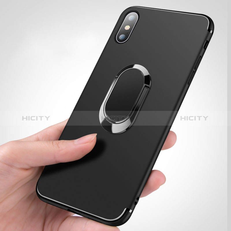 Coque Ultra Fine Silicone Souple Transparente avec Support Bague Anneau R01 pour Apple iPhone Xs Max Noir Plus