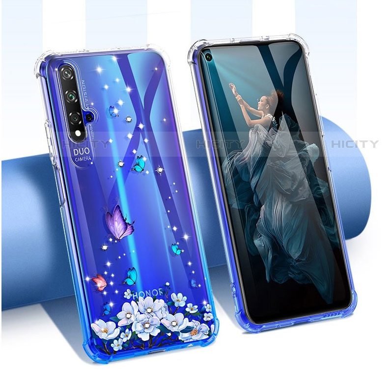 Coque Ultra Fine TPU Souple Housse Etui Transparente Fleurs pour Huawei Honor 20S Bleu Plus