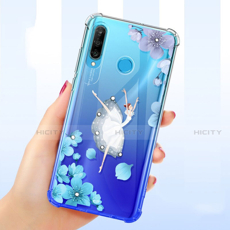 Coque Ultra Fine TPU Souple Housse Etui Transparente Fleurs pour Huawei P30 Lite New Edition Bleu Plus