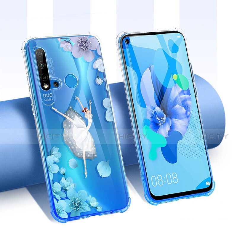 Coque Ultra Fine TPU Souple Housse Etui Transparente Fleurs T01 pour Huawei Nova 5i Bleu Plus