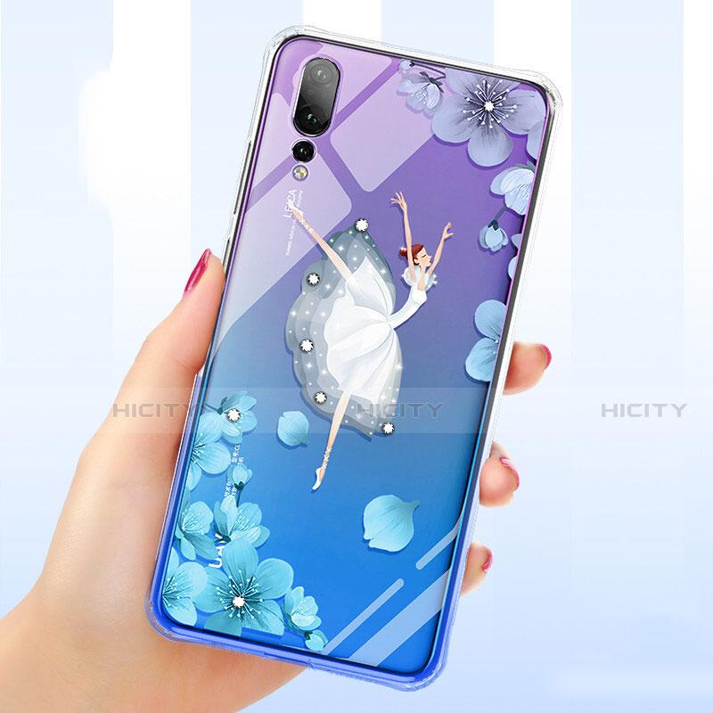 Coque Ultra Fine TPU Souple Housse Etui Transparente Fleurs T01 pour Huawei P20 Pro Bleu Plus