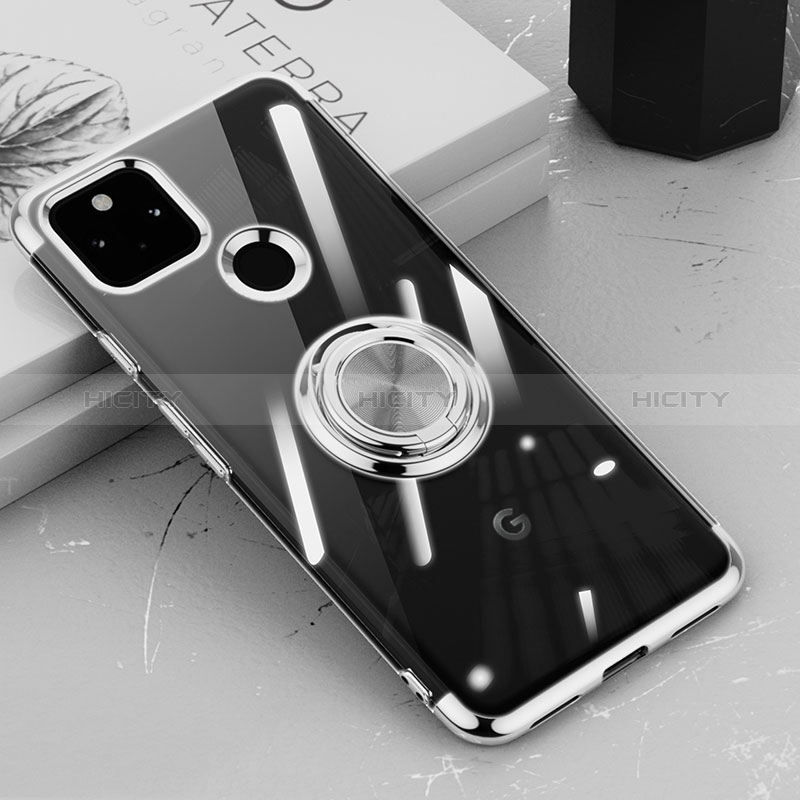 Coque Ultra Slim Silicone Souple Housse Etui Transparente avec Support Bague Anneau Aimante Magnetique AN1 pour Google Pixel 5a 5G Argent Plus