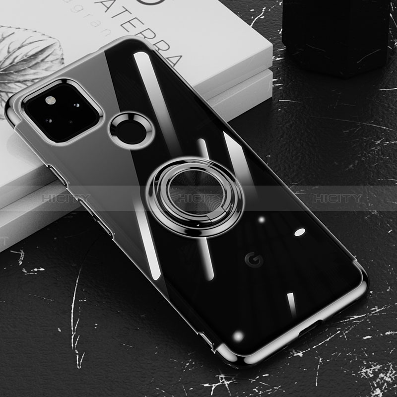 Coque Ultra Slim Silicone Souple Housse Etui Transparente avec Support Bague Anneau Aimante Magnetique AN1 pour Google Pixel 5a 5G Noir Plus