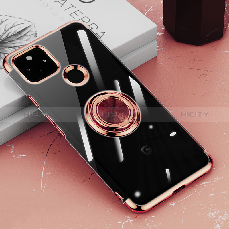 Coque Ultra Slim Silicone Souple Housse Etui Transparente avec Support Bague Anneau Aimante Magnetique AN1 pour Google Pixel 5a 5G Or Rose Plus