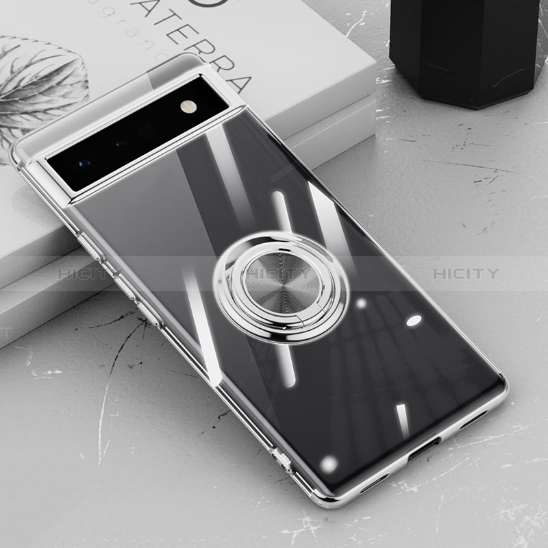 Coque Ultra Slim Silicone Souple Housse Etui Transparente avec Support Bague Anneau Aimante Magnetique AN1 pour Google Pixel 6a 5G Argent Plus