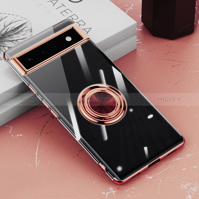 Coque Ultra Slim Silicone Souple Housse Etui Transparente avec Support Bague Anneau Aimante Magnetique AN1 pour Google Pixel 6a 5G Or Rose Plus