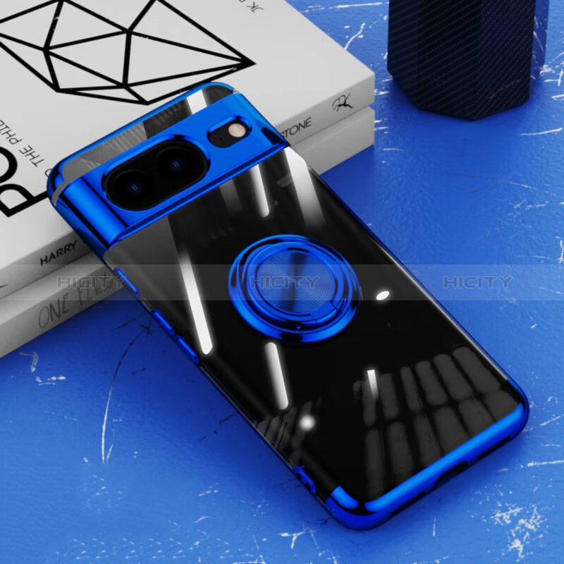 Coque Ultra Slim Silicone Souple Housse Etui Transparente avec Support Bague Anneau Aimante Magnetique AN1 pour Google Pixel 8 5G Bleu Plus