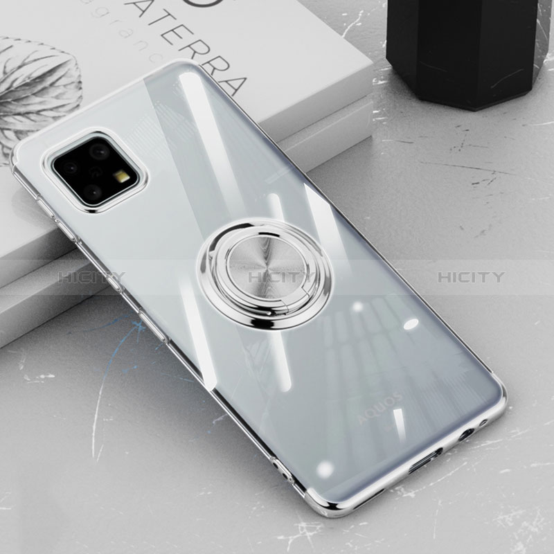 Coque Ultra Slim Silicone Souple Housse Etui Transparente avec Support Bague Anneau Aimante Magnetique AN1 pour Sharp Aquos Sense6 Argent Plus