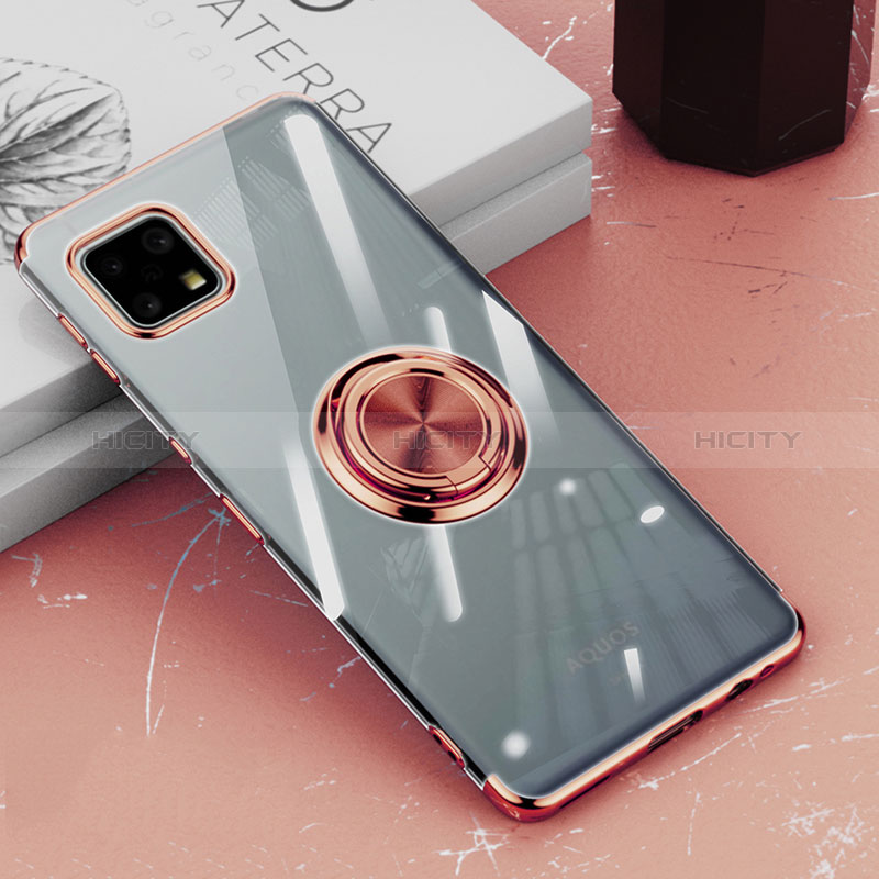 Coque Ultra Slim Silicone Souple Housse Etui Transparente avec Support Bague Anneau Aimante Magnetique AN1 pour Sharp Aquos Sense6 Or Rose Plus