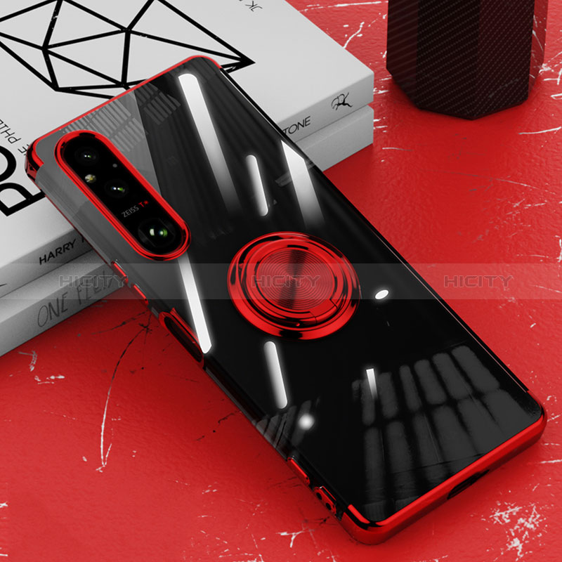 Coque Ultra Slim Silicone Souple Housse Etui Transparente avec Support Bague Anneau Aimante Magnetique AN1 pour Sony Xperia 1 V Rouge Plus