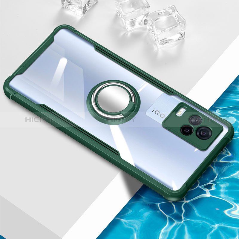 Coque Ultra Slim Silicone Souple Housse Etui Transparente avec Support Bague Anneau Aimante Magnetique BH1 pour Vivo iQOO 7 5G Vert Plus