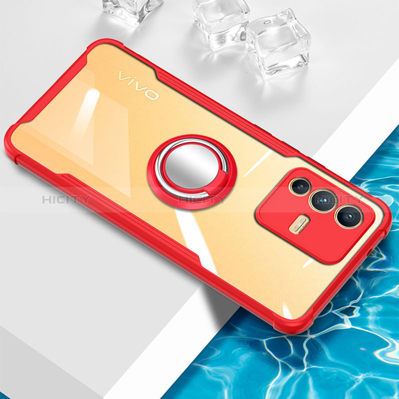 Coque Ultra Slim Silicone Souple Housse Etui Transparente avec Support Bague Anneau Aimante Magnetique BH1 pour Vivo V23 Pro 5G Rouge Plus