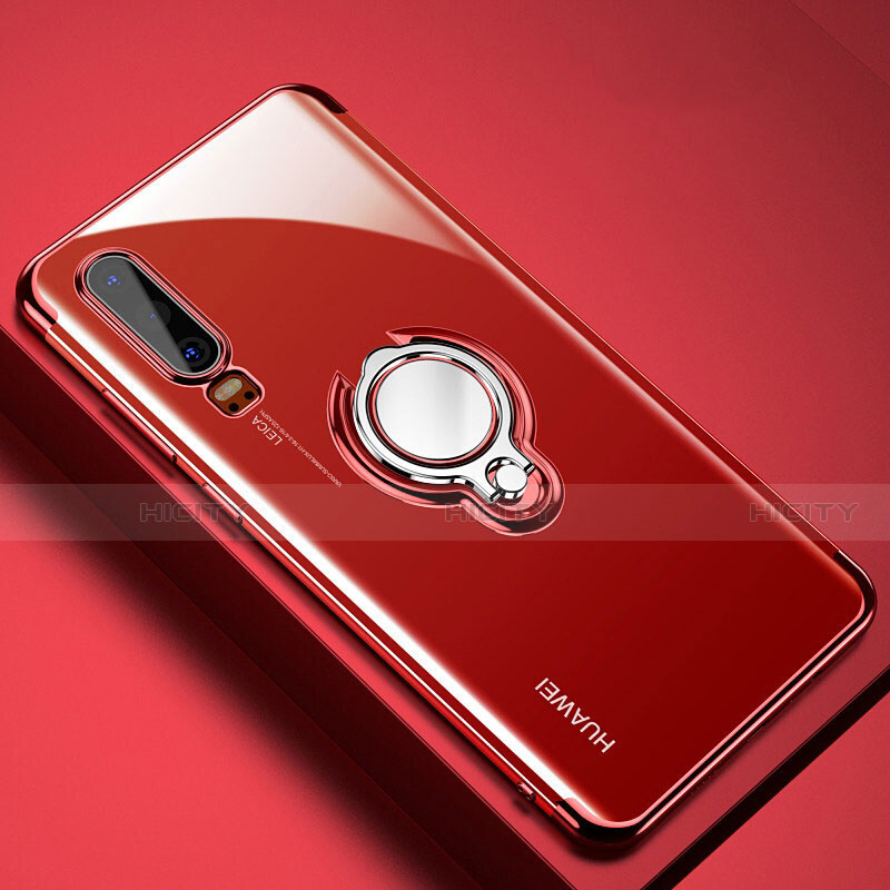 Coque Ultra Slim Silicone Souple Housse Etui Transparente avec Support Bague Anneau Aimante Magnetique C01 pour Huawei P30 Rouge Plus