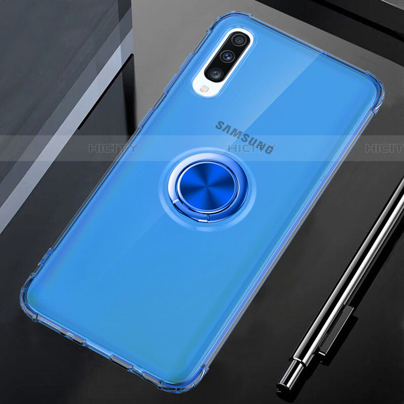 Coque Ultra Slim Silicone Souple Housse Etui Transparente avec Support Bague Anneau Aimante Magnetique C01 pour Samsung Galaxy A70 Bleu Plus