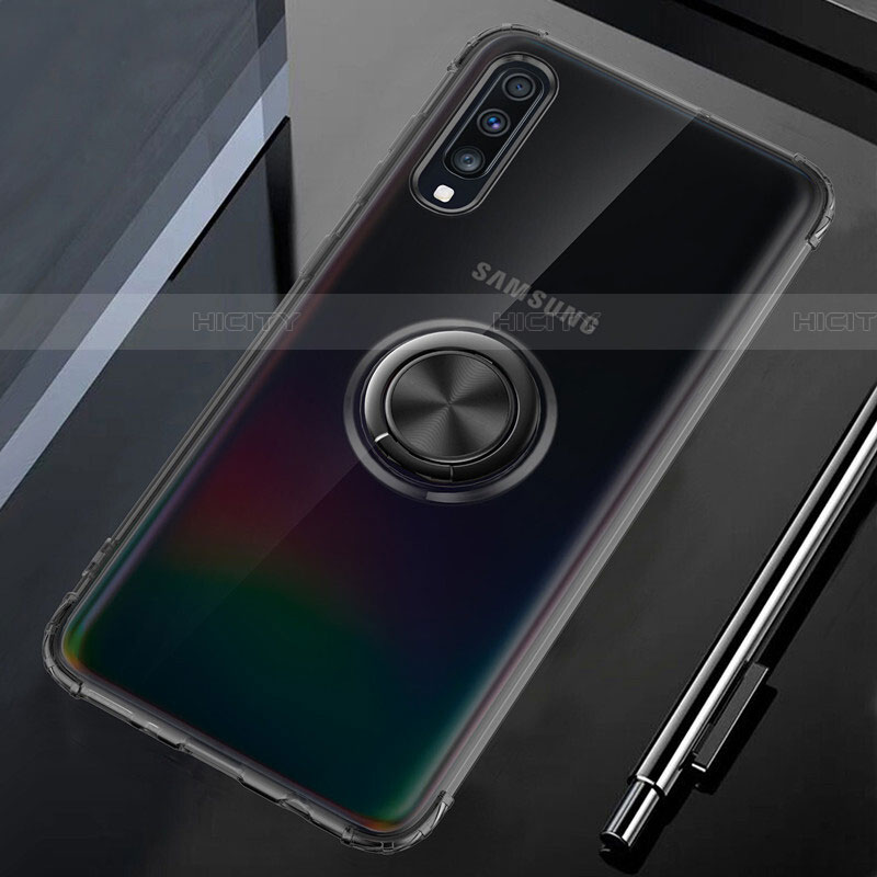 Coque Ultra Slim Silicone Souple Housse Etui Transparente avec Support Bague Anneau Aimante Magnetique C01 pour Samsung Galaxy A70 Noir Plus