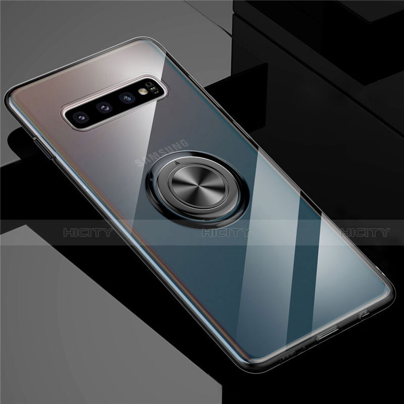 Coque Ultra Slim Silicone Souple Housse Etui Transparente avec Support Bague Anneau Aimante Magnetique C01 pour Samsung Galaxy S10 5G Noir Plus