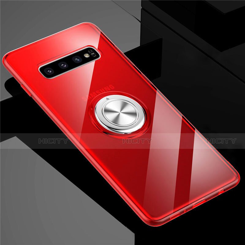 Coque Ultra Slim Silicone Souple Housse Etui Transparente avec Support Bague Anneau Aimante Magnetique C01 pour Samsung Galaxy S10 5G Rouge Plus