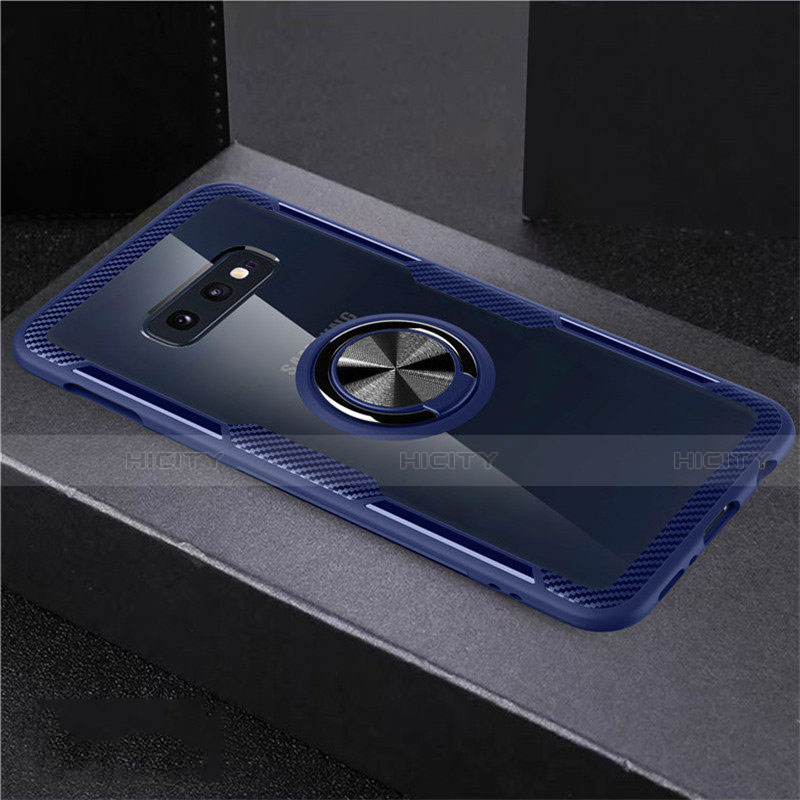 Coque Ultra Slim Silicone Souple Housse Etui Transparente avec Support Bague Anneau Aimante Magnetique C01 pour Samsung Galaxy S10e Bleu et Noir Plus