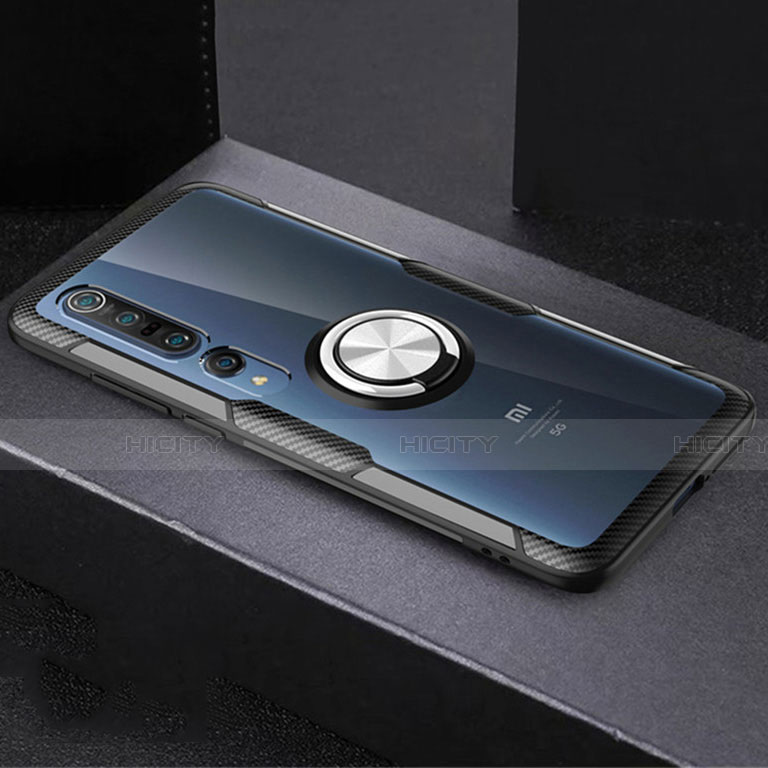 Coque Ultra Slim Silicone Souple Housse Etui Transparente avec Support Bague Anneau Aimante Magnetique C01 pour Xiaomi Mi 10 Pro Argent et Noir Plus