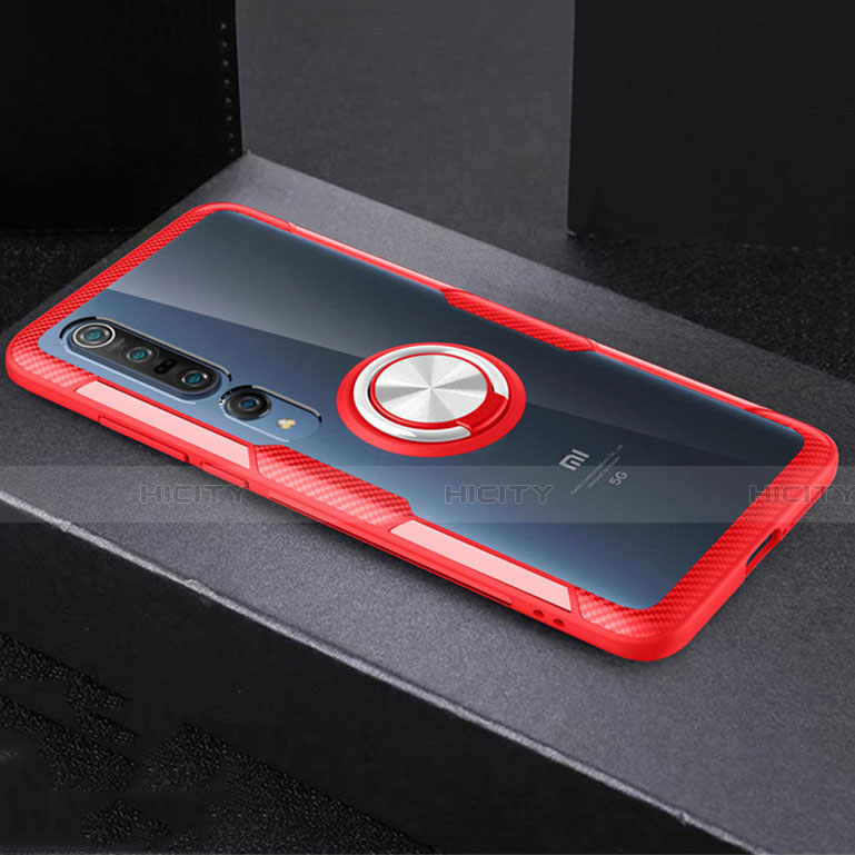 Coque Ultra Slim Silicone Souple Housse Etui Transparente avec Support Bague Anneau Aimante Magnetique C01 pour Xiaomi Mi 10 Pro Rouge Plus