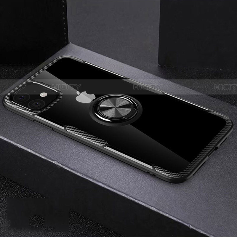 Coque Ultra Slim Silicone Souple Housse Etui Transparente avec Support Bague Anneau Aimante Magnetique C02 pour Apple iPhone 11 Noir Plus