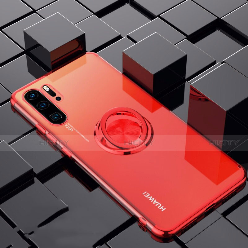 Coque Ultra Slim Silicone Souple Housse Etui Transparente avec Support Bague Anneau Aimante Magnetique C02 pour Huawei P30 Pro Rouge Plus