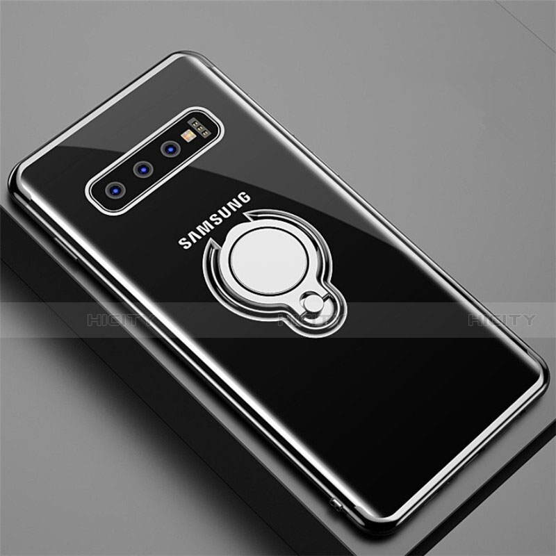 Coque Ultra Slim Silicone Souple Housse Etui Transparente avec Support Bague Anneau Aimante Magnetique C02 pour Samsung Galaxy S10 5G Noir Plus