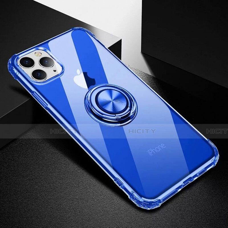 Coque Ultra Slim Silicone Souple Housse Etui Transparente avec Support Bague Anneau Aimante Magnetique C03 pour Apple iPhone 11 Pro Bleu Plus