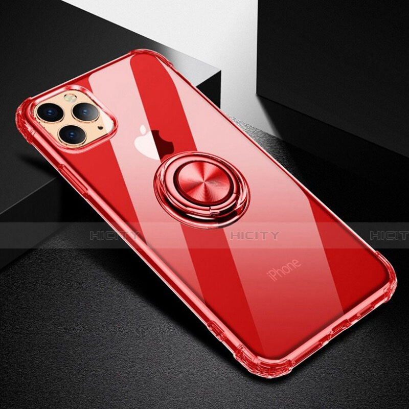 Coque Ultra Slim Silicone Souple Housse Etui Transparente avec Support Bague Anneau Aimante Magnetique C03 pour Apple iPhone 11 Pro Rouge Plus