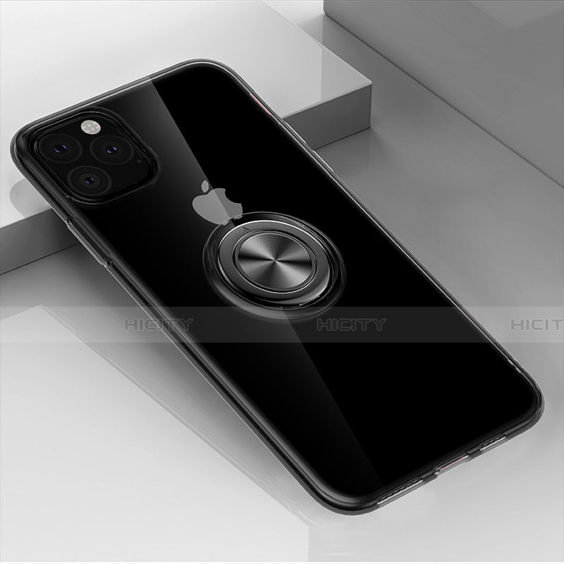 Coque Ultra Slim Silicone Souple Housse Etui Transparente avec Support Bague Anneau Aimante Magnetique F01 pour Apple iPhone 11 Pro Max Noir Plus