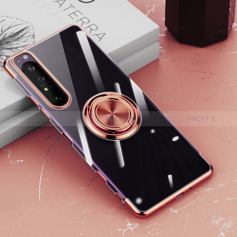 Coque Ultra Slim Silicone Souple Housse Etui Transparente avec Support Bague Anneau Aimante Magnetique pour Sony Xperia 1 III Or Rose Plus