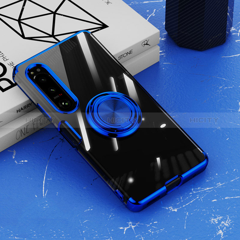 Coque Ultra Slim Silicone Souple Housse Etui Transparente avec Support Bague Anneau Aimante Magnetique pour Sony Xperia 1 IV Bleu Plus