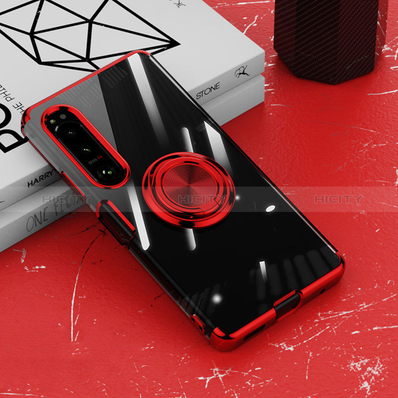 Coque Ultra Slim Silicone Souple Housse Etui Transparente avec Support Bague Anneau Aimante Magnetique pour Sony Xperia 1 IV Rouge Plus