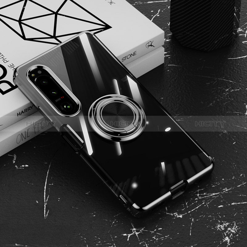 Coque Ultra Slim Silicone Souple Housse Etui Transparente avec Support Bague Anneau Aimante Magnetique pour Sony Xperia 1 IV SO-51C Noir Plus