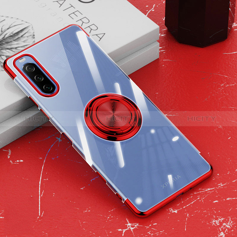 Coque Ultra Slim Silicone Souple Housse Etui Transparente avec Support Bague Anneau Aimante Magnetique pour Sony Xperia 10 III Rouge Plus