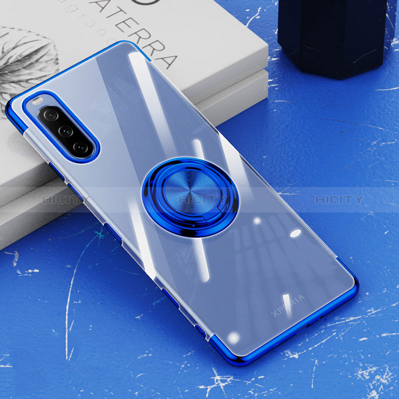 Coque Ultra Slim Silicone Souple Housse Etui Transparente avec Support Bague Anneau Aimante Magnetique pour Sony Xperia 10 III SO-52B Bleu Plus