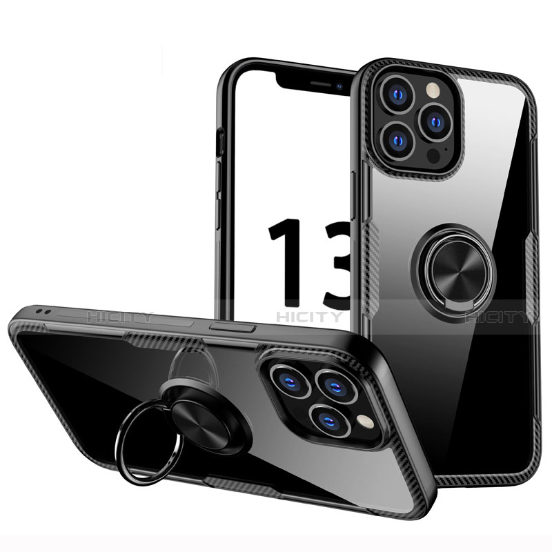 Coque Ultra Slim Silicone Souple Housse Etui Transparente avec Support Bague Anneau Aimante Magnetique S01 pour Apple iPhone 13 Pro Noir Plus