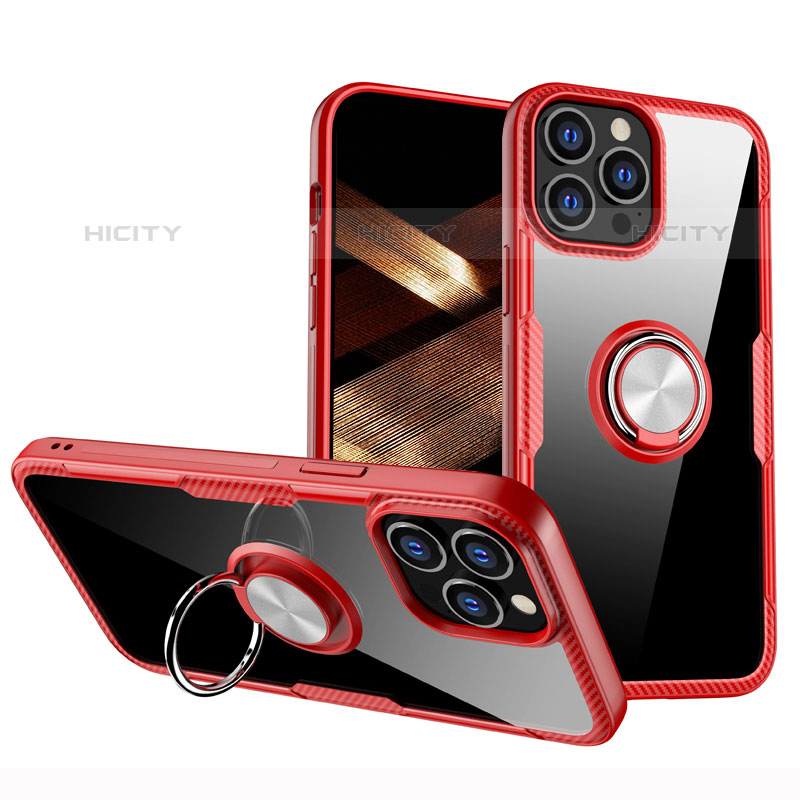 Coque Ultra Slim Silicone Souple Housse Etui Transparente avec Support Bague Anneau Aimante Magnetique S01 pour Apple iPhone 15 Pro Rouge Plus