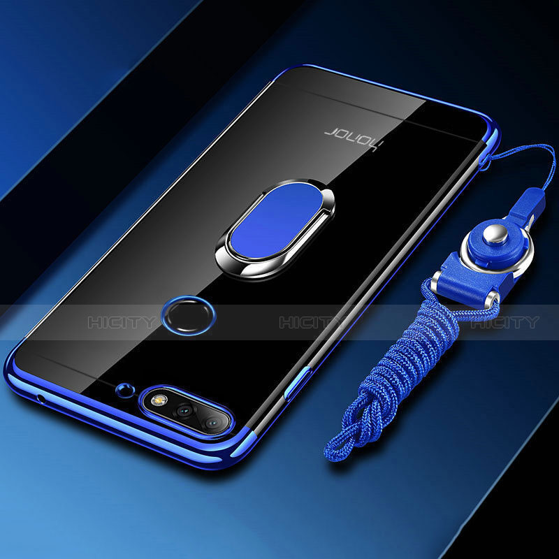 Coque Ultra Slim Silicone Souple Housse Etui Transparente avec Support Bague Anneau Aimante Magnetique S01 pour Huawei Enjoy 8e Bleu Plus