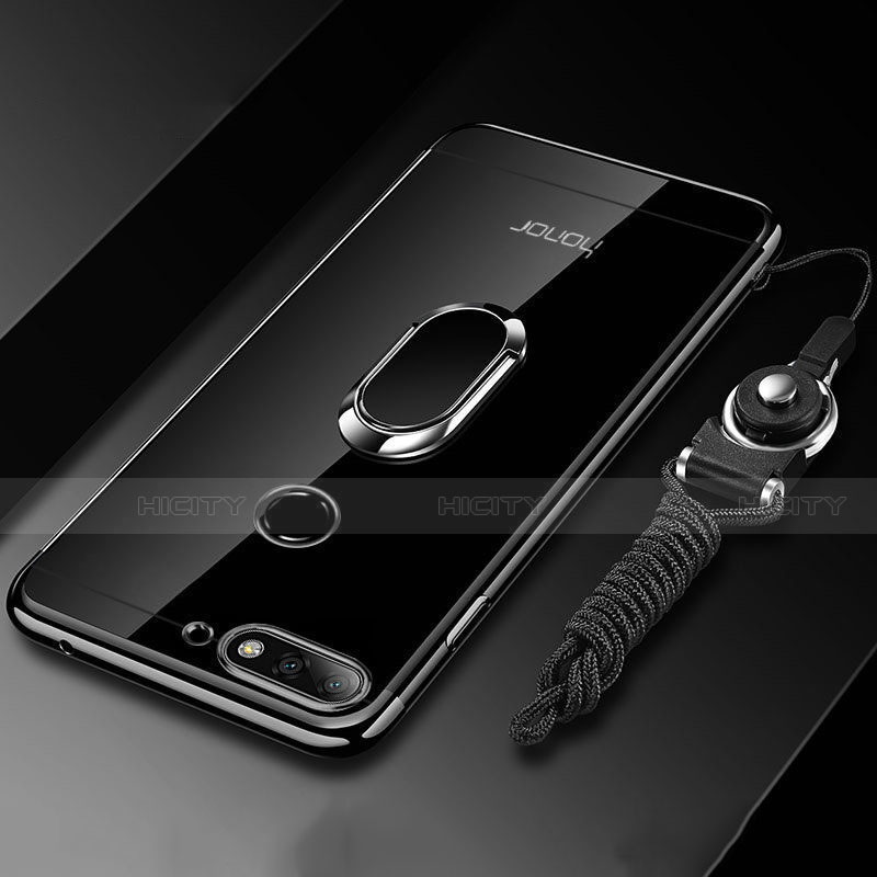 Coque Ultra Slim Silicone Souple Housse Etui Transparente avec Support Bague Anneau Aimante Magnetique S01 pour Huawei Enjoy 8e Noir Plus