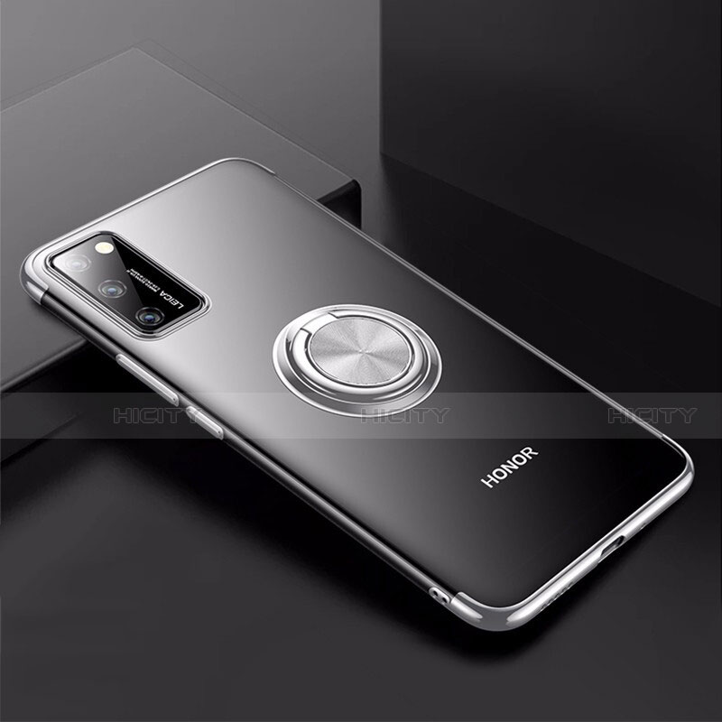 Coque Ultra Slim Silicone Souple Housse Etui Transparente avec Support Bague Anneau Aimante Magnetique S01 pour Huawei Honor V30 5G Argent Plus