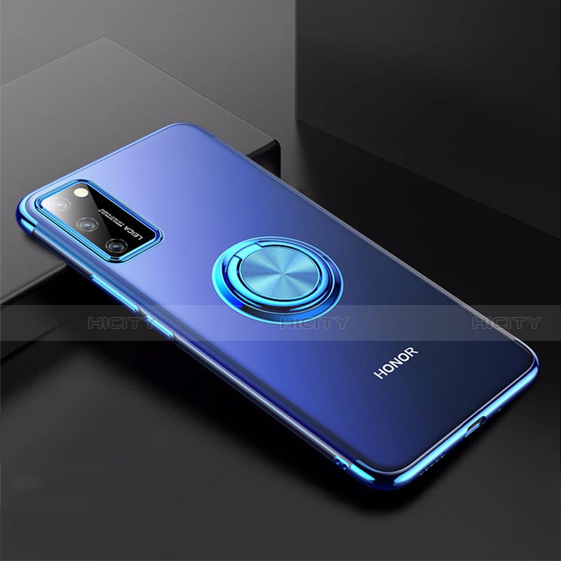 Coque Ultra Slim Silicone Souple Housse Etui Transparente avec Support Bague Anneau Aimante Magnetique S01 pour Huawei Honor V30 5G Bleu Plus