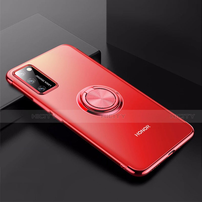 Coque Ultra Slim Silicone Souple Housse Etui Transparente avec Support Bague Anneau Aimante Magnetique S01 pour Huawei Honor V30 5G Rouge Plus