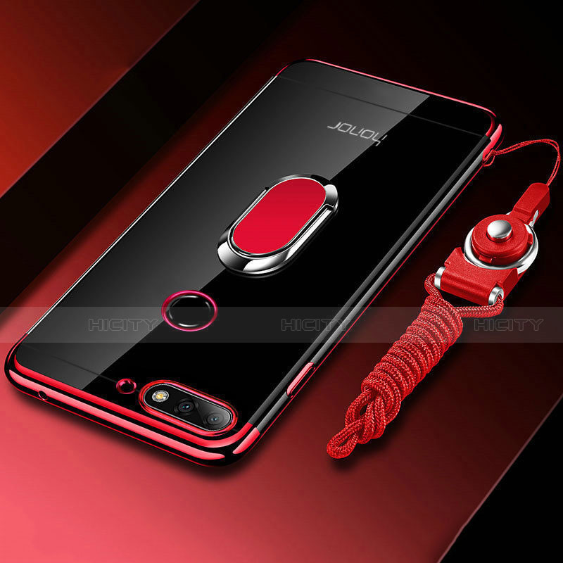 Coque Ultra Slim Silicone Souple Housse Etui Transparente avec Support Bague Anneau Aimante Magnetique S01 pour Huawei Y6 (2018) Rouge Plus