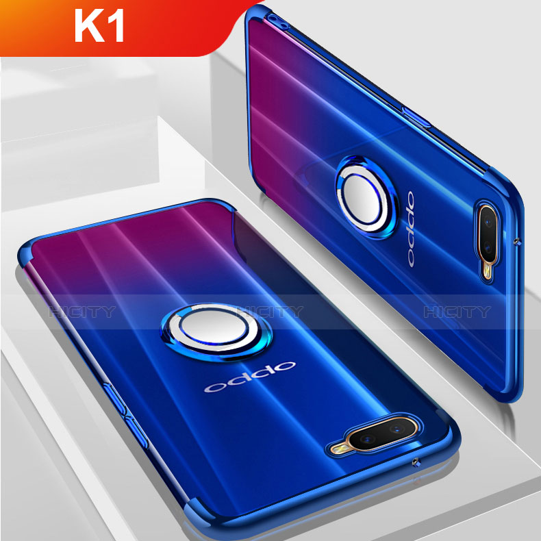 Coque Ultra Slim Silicone Souple Housse Etui Transparente avec Support Bague Anneau Aimante Magnetique S01 pour Oppo K1 Bleu Plus