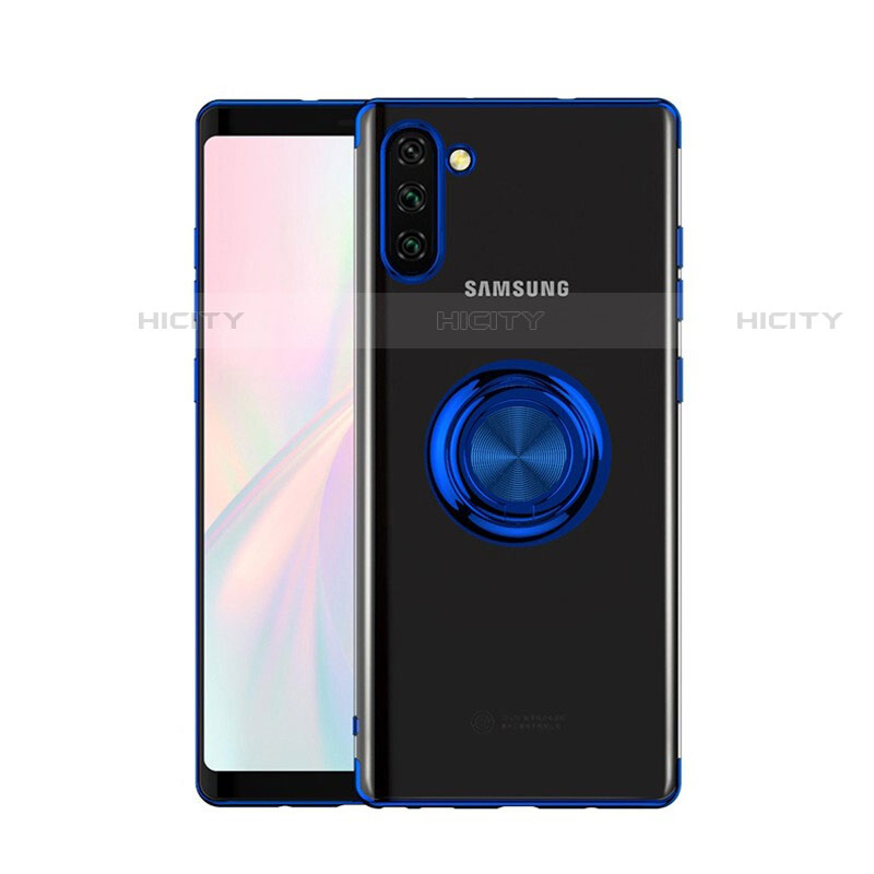 Coque Ultra Slim Silicone Souple Housse Etui Transparente avec Support Bague Anneau Aimante Magnetique S01 pour Samsung Galaxy Note 10 5G Bleu Plus