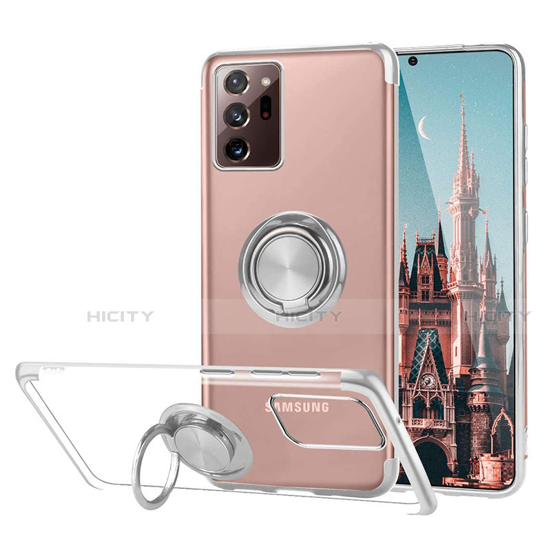 Coque Ultra Slim Silicone Souple Housse Etui Transparente avec Support Bague Anneau Aimante Magnetique S01 pour Samsung Galaxy Note 20 Ultra 5G Argent Plus