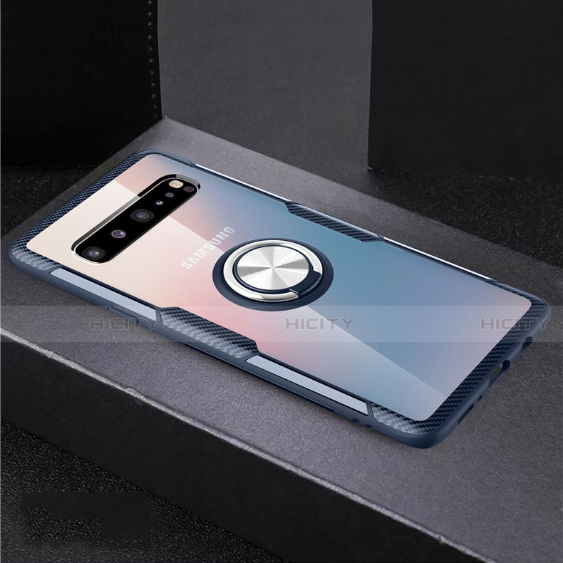 Coque Ultra Slim Silicone Souple Housse Etui Transparente avec Support Bague Anneau Aimante Magnetique S01 pour Samsung Galaxy S10 5G SM-G977B Bleu Plus