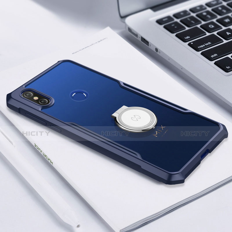 Coque Ultra Slim Silicone Souple Housse Etui Transparente avec Support Bague Anneau Aimante Magnetique S01 pour Xiaomi Mi Mix 3 Bleu Plus