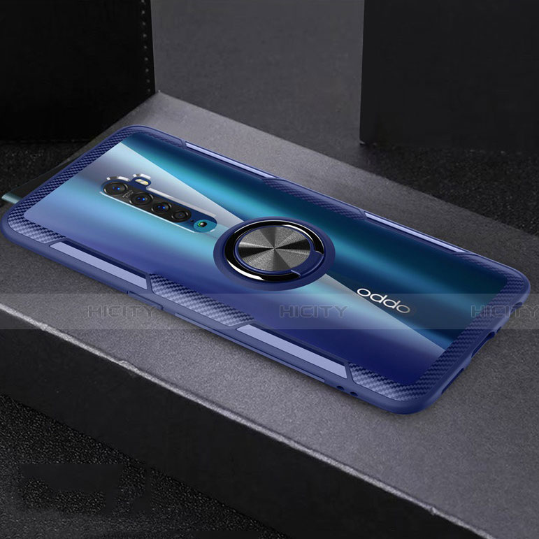 Coque Ultra Slim Silicone Souple Housse Etui Transparente avec Support Bague Anneau Aimante Magnetique S02 pour Oppo Reno2 Bleu Plus